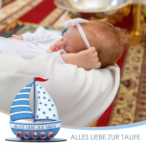 BETESSIN Taufgeschenke Jungen Blau - Alles Liebe zur Taufe - Holz Boot mit Basis - Geldgeschenk zur Taufe - Taufe Geschenk für Junge und Mädchen