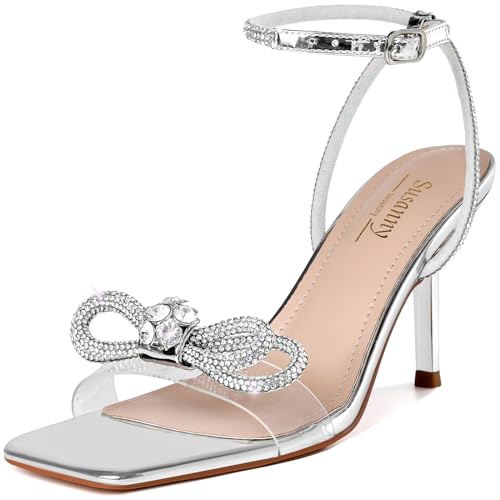 Susanny Women's Closed Toe Rhinstone Wedding Low Heel Slingback Clear Kitten Heels,Adjustable Strap Pointed Toe Bow Pumps High Heeled Prom Dress Shoes