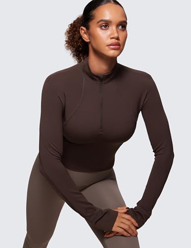 Image of CRZ YOGA Butterluxe Half Zip Crop Top | Workout, Extremely Soft, Slim Fit, Thumbholes, Side Pocket, Long Sleeve Shirts for Women