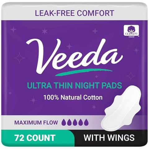 Veeda Ultra Thin Night Pads for Women - Super Absorbent Overnight Pads with Wings - Feminine Pads with Overnight Absorbency - Unscented & Chlorine Free Sanitary Napkins - 72 Count Cover
