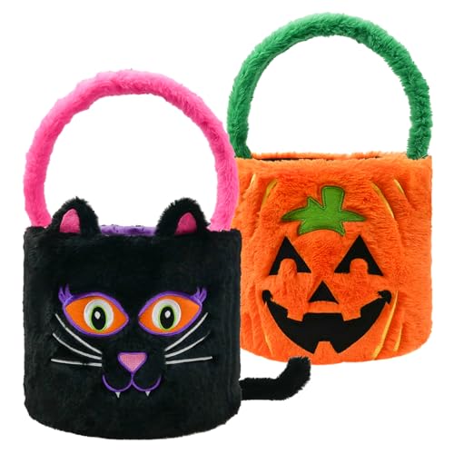 Image of Dia 7.9 inch * H 15.7 inch, Plush Halloween Baskets Trick or Treat Bags Halloween Candy Bucket, Gift Bucket for Party Favor Supplies (2Pcs-Pumpkin&Black Cat)
