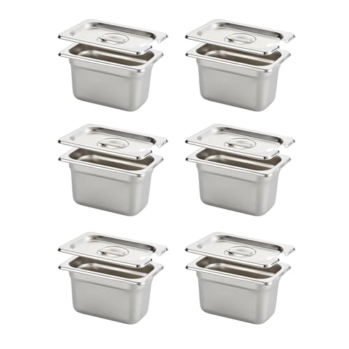HECMAC 6 Pack Anti-Jam Hotel Pan with Notched Lid, 1/9 Size 4 Inch Deep, Heavy Duty, Commercial Stainless Steel Chafing Steam Table Pan, Catering Storage Metal Food Pan, 23 Gauge
