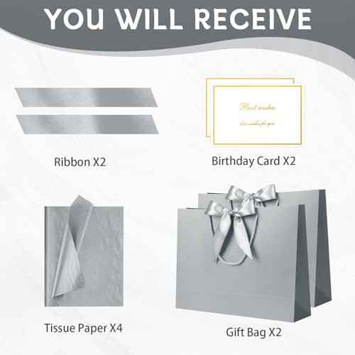 Image of JMANNI Gift Bags with Handles, 13 inch Medium Gift Bag for Presents, 2 Pcs Bags with 4 Tissue Paper and 2 Cards for Baby Shower Wedding Bridal Shower Mother's Day Birthday Party(champagne)