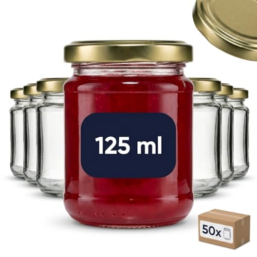 gouveo Lot de 50 bocaux de conservation 125 ml Helix avec couvercles à vis dorés - Petits bocaux de conservation avec bouchon à vis TO53 - Pots à visser pour...