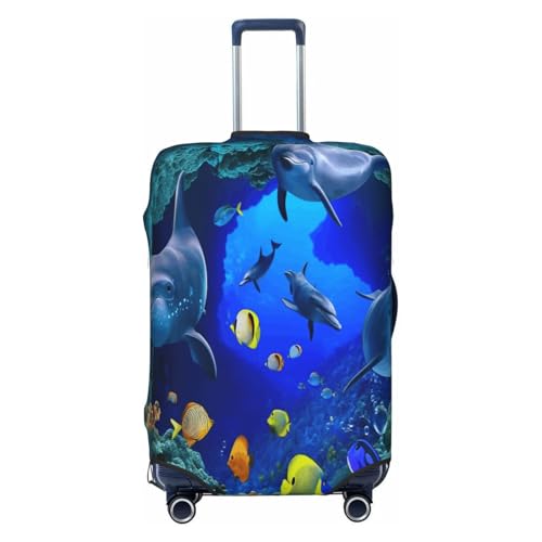 Ocean Life Dolphins Fish Art Luggage Cover Protector Elastic Washable Anti-Scratch Suitcase Covers With Concealed Zipper For 18-32 Inch Luggage Large