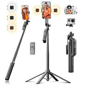 Selfie Stick Phone Tripod – 71 inch Tall Cell Phone Holder with Detachable Wireless Remote and 2 LED Lights for Recording, Video and Picture, Phone Stand for iPhone, Android, Camera & Gopro