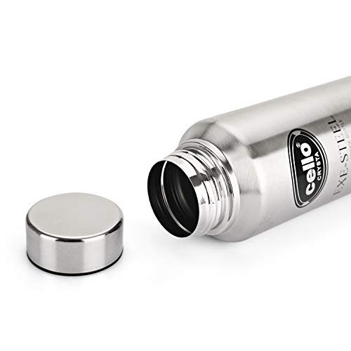 Image of CELLO Crysta Stainless Steel Water Bottle for Daily Use 1000ml Silver | Single Wall Freezer & Fridge Safe, Rustproof & Leak Proof Lightweight Easy to Carry Steel Water Bottle for Office Travel and Gym