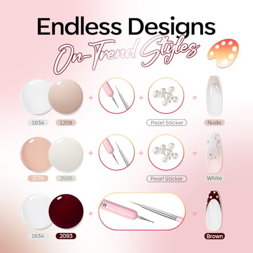 Image of modelones Gel Nail Polish Set -6 Colors Nude Pink White Gel Polish Kit Skin Tones Brown Milky White French Jelly Nail Gel Polish Nail Art Salon DIY Gift with Pearl Stickers & Nail Dotting-Liner Brush