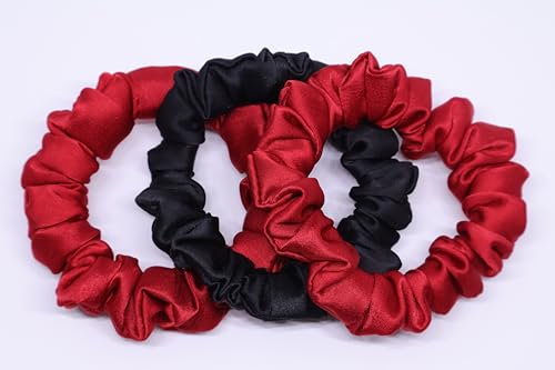 Image of Satin Scrunchies Hair Bands for Women | No-Damage Elastic Hair Ties for Ponytails & Buns | Fluffy & Stylish Rubber Bands | Free Size | Pack of 3 (Set of Maroon Red and Black Color)