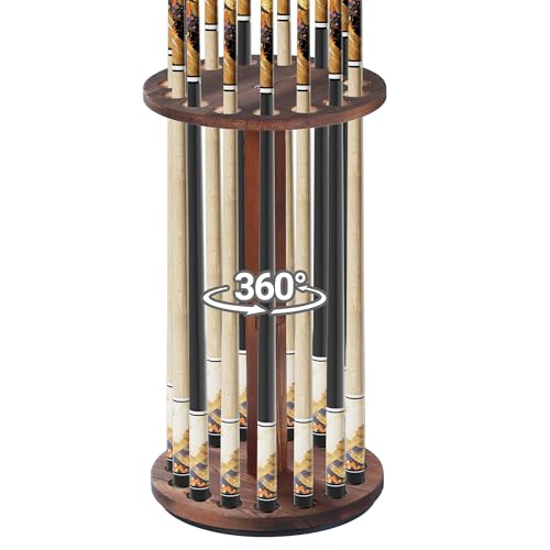 Lnmuzm 360 Rotating Natural Wood Pool Stick Holder Floor Stand Pool Cue Rack Holds 15 Sticks Storage Organizer for Billiard Room Easy to Install Round Base Great Billiard Gifts for Men