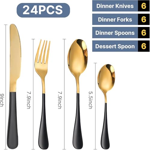 Image of 24 Pieces Flatware Set, Stainless Steel Cutlery Set with Silverware Holder, Modern Gold Silverware Set Includes Dinner Knives Forks Spoons,Hanging Silverware (Black)