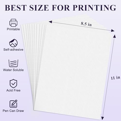 Stick and Stitch Embroidery Paper Wash Away 8.5”x11”, 8 Pcs Soluble Embroidery Stabilizer Printable Paper, Away Stabilizer for Hand & Machine Embroidery, Ideal for Printing & Drawing Patterns.