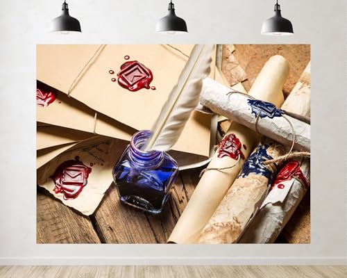 Trykid 8x8ft Wax Seal Envelope and Quill Backdrop Retro Stationery Photography Background Letter Writing Event Party Decoration Tapestry Photo Booth Prop Fabric