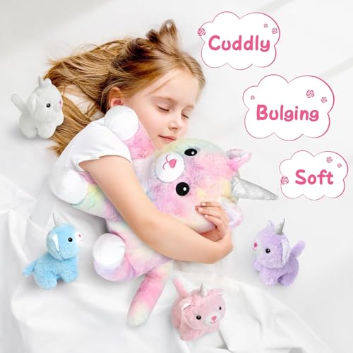 Image of KMUYSL Toys for Ages 0 1 2 3 4 5 6 7 8+ Years - Plush Mommy Stuffed Animal with 4 Babies in Her Tummy, Soft Plush Toys Set, Christmas Birthday Gifts for Girls Boys, Toddler, Kids (Unicorn Cat Toys)