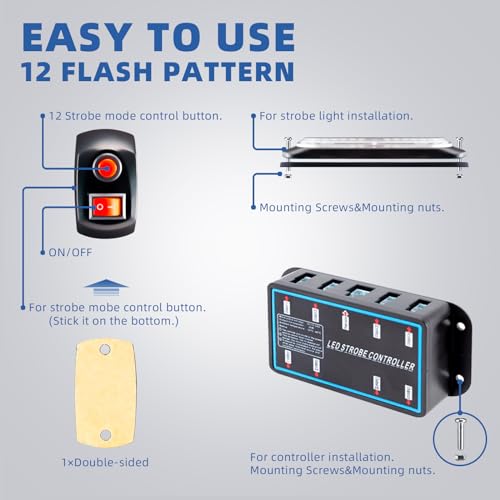 PKINGLAKE 8pcs Sync Feature Emergency Strobe Grille Lights LED Ultra Slim Surface Mount Flashing Hazard Warning Light Bar with Controller for Firefighter/Construction/Trucks/Vehicles/Car (Amber/White) - Thumbnail 5