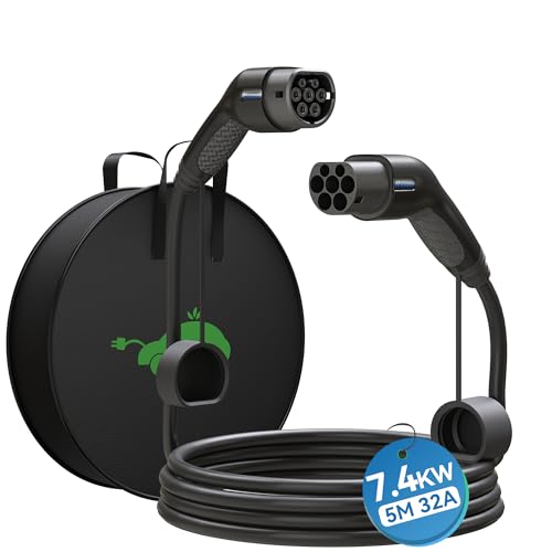 HiEVcar EV Cable de Carga Tipo 2, 7,4kW/Monofásico/32A/5M Cable de Carga para Coche Eléctrico/EV híbrido Tipo 2 a Tipo 2/CSS2, IP65 Modo 3 Cargador...