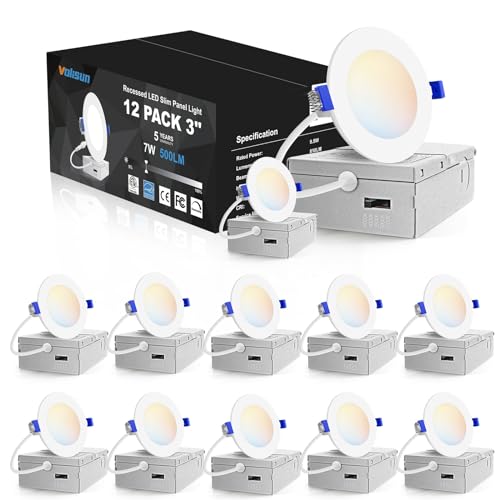 Image of VOLISUN 12 Pack 3 inch Recessed Lighting, 5CCT, 2700K-5000K Selectable | LED Recessed Light with Junction Box, Dimmable Canless Wafer Downlight, LED Ceiling Light ETL Certificated
