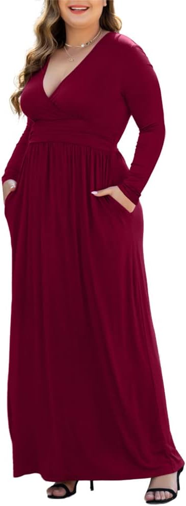 Women's L-5XL Long Sleeve V-Neck Plus Size Maxi Dresses with Pockets