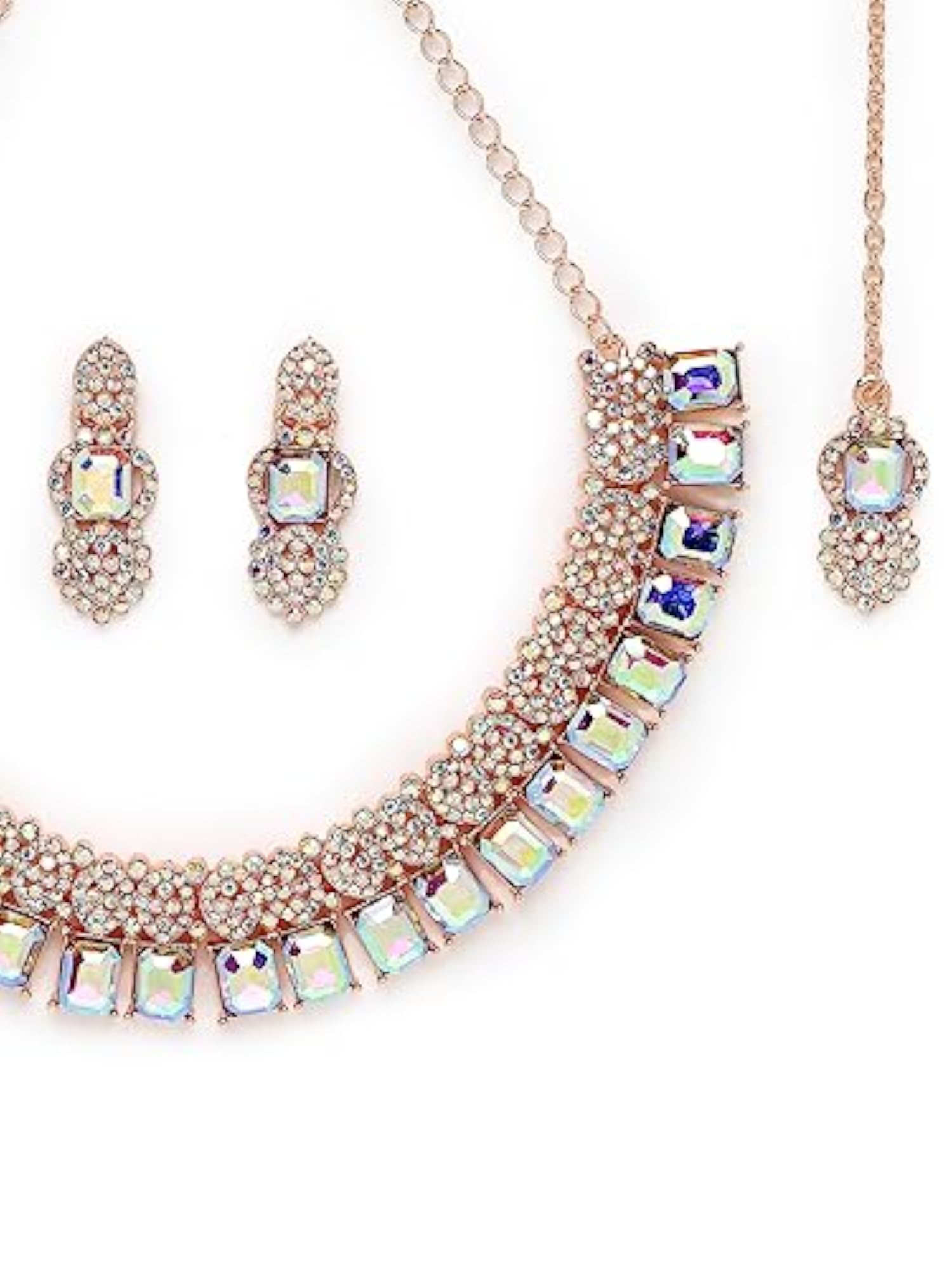 Plated Rainbow Stones Necklace Set with Earring and Maangtika