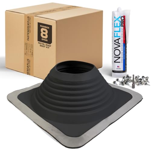 Image of Fasteners Plus #8 Square EPDM Metal Roof Pipe Flashing Boot with Complete Install Kit (Fits 6-3 /4 inch - 13-1 /2 inch Pipe OD), Black