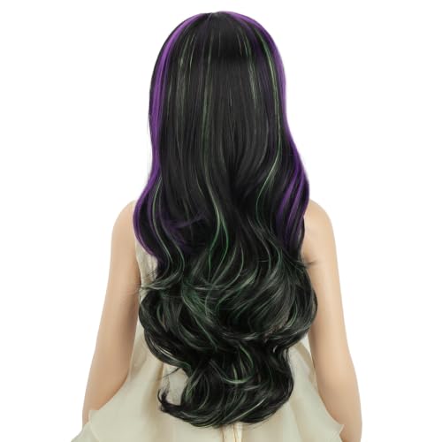 Image of PATTNIUM Girls Black Green Purple Wig Long Curly Wigs Kids Black Mixed Middle Part Heat Resistant Synthetic Wigs Halloween Cosplay Costume Party Wig