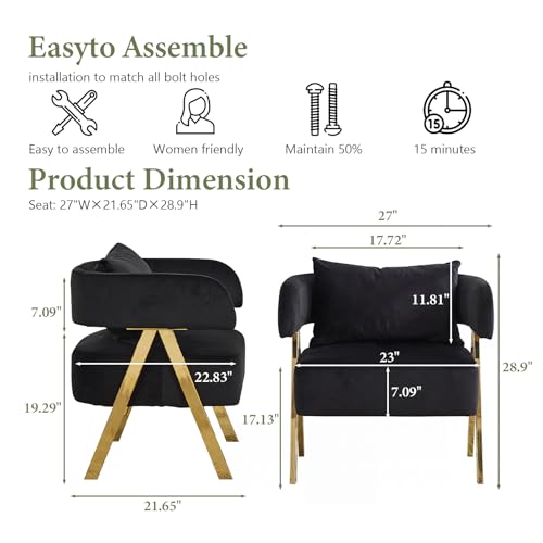 Image of Modern Black Gold Velvet Accent Chairs Set 2, Barrel Armchairs Living Room | STHOUYN Comfy Reading Chairs, Living Room and Bedroom Seating, Curved Barrel Design, Gold-Tone Legs, Wide Seat, Small Space