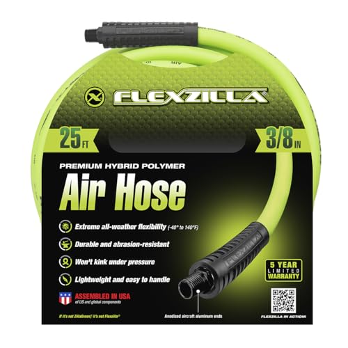 Image of Flexzilla Air Hose, 3 /8 in. x 25 ft., 1 /4 in. MNPT Fittings, Heavy Duty, Lightweight, Hybrid, ZillaGreen - HFZ3825YW2