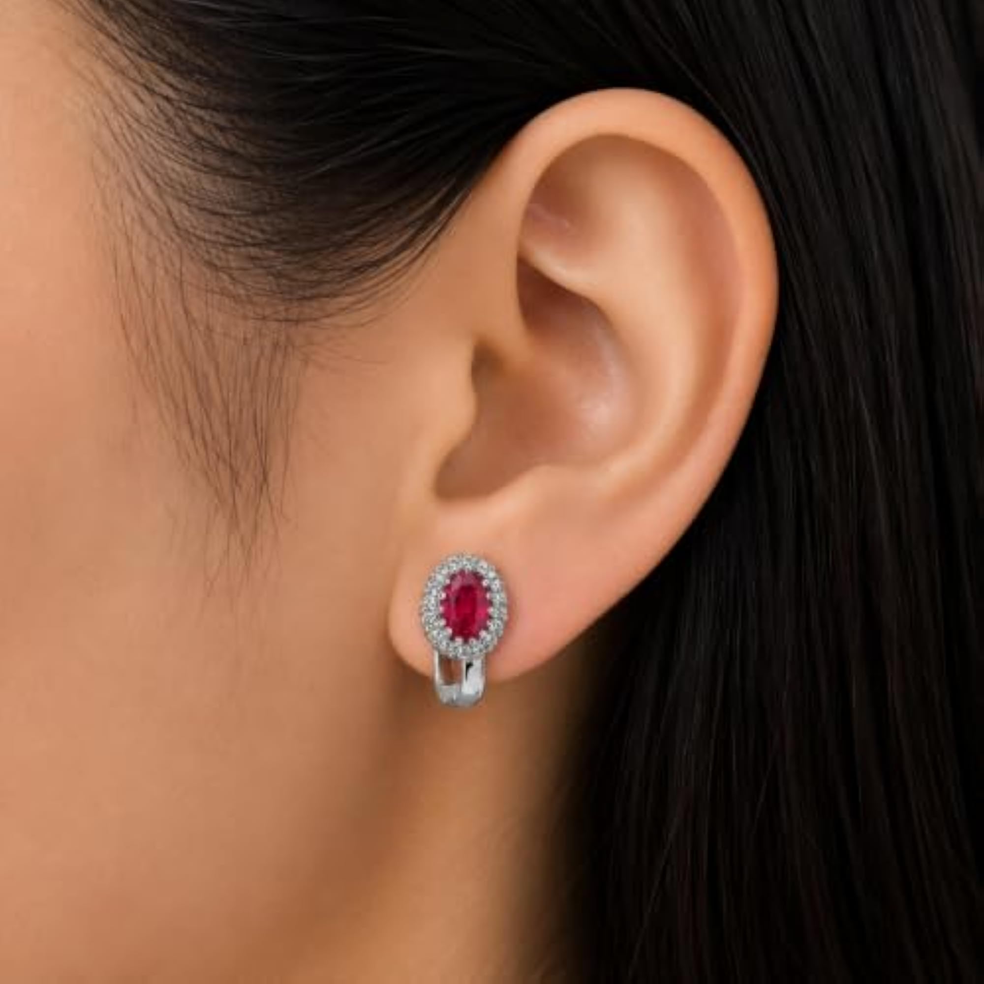 Women's 925 Sterling Silver Ruby Red Halo Leverback Earrings