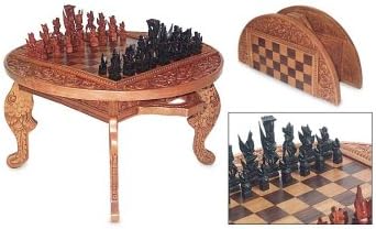 NOVICA Artisan Handmade Wood Chess Set Brown Indonesia Sets Games Floral Balinese Traditional Carvings [9.75in H x 18in W x 18in D Board 12in W x 12in H Largest Piece 1.2in W x 3.9in H] ' Ramayana image 4