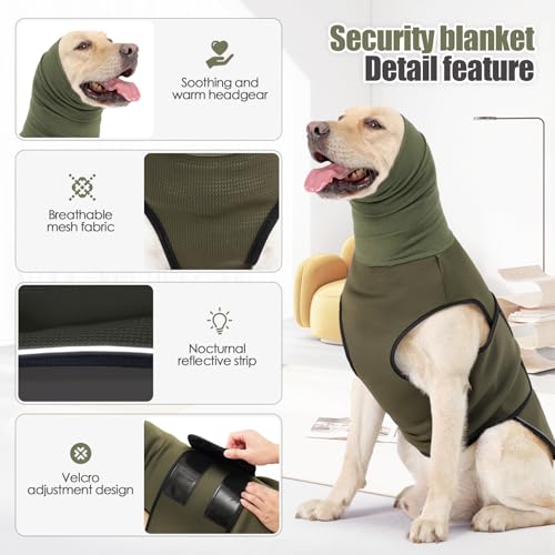 PAWIVID Angstjacke Beruhigungsweste für Hunde mit Ohrenschützer & Kapuze - Verstellbare Angstlindernde Hundemantel mit Reflexstreifen (Armeegrün, L)