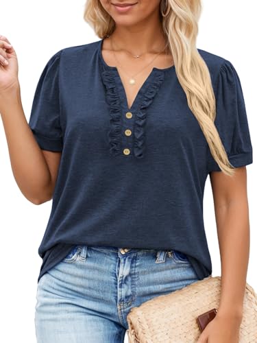 VISLILY Womens-Plus-Size-Summer-Tops Dressy Ruffle V Neck T Shirts Trendy Puff Short Sleeve Tunics Casual Buttons Up Blouses