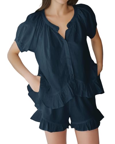 Image of Womens Fashion Summer Short Sets Short Sleeve Button Down Ruffle Trim Top and Shorts Cotton Pajama Sets