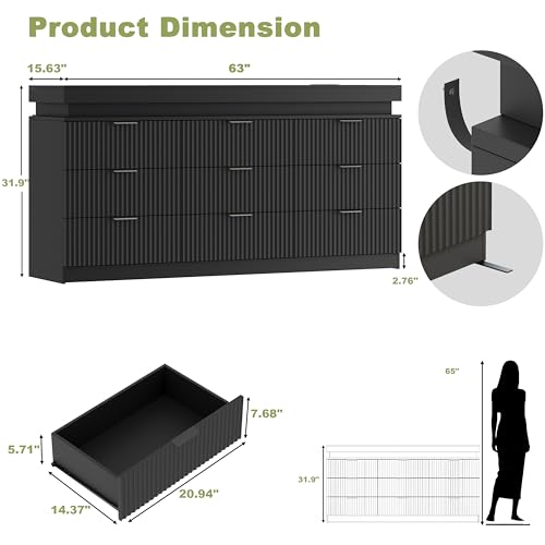 Image of Black Dresser 9 Drawer Dresser with LED Lights and Charging Station, 63 inch Wide Wood Fluted Dresser for Bedroom, Modern Chest of Drawers for Closet Dresser TV Stand for Living Room, Entryway