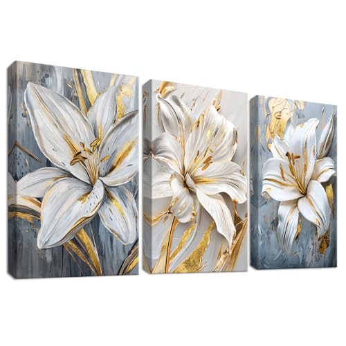 Set of 3 Grau Weiße Lilien Blumen Leinwand Bilder Mit Rahmen Goldene Stämme Creme Beige Geblümt Bild auf Leinwand Malerei Wandbilder Wohnzimmer Schlafzimmer Badezimmer Wanddeko 50x70cm x 3pcs