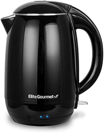 Elite Gourmet EKT1821 1.8L Double Wall Insulated, Cool-Touch Electric Kettle w/Stainless Steel Interior & Lid, 360° Swivel Base for Cord Free Serving, Power On Lever, Auto Shut-Off, Boil Dry, Black