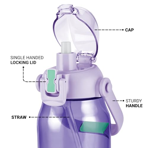 Image of MILTON Juwel 1000 Premium Crystal Clear Unbreakable Material Sipper Water Bottle | BPA Free | One-Touch Open|Leak-Proof | Sturdy Handle Cum Mobile Holder | Ideal for Office, School, Gym, 975ml, Purple