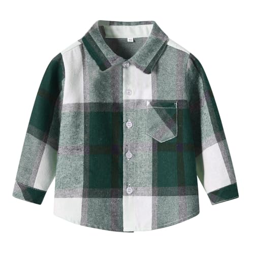 IDOPIP Toddler Baby Boys Plaid Flannel Shirt Long Sleeve Button Down Shirts Plaid Checked Jacket Shirt Winter Fall Tops Clothes Kids Christmas Buffalo Plaid Shirt with Pockets Green 4-5 Years