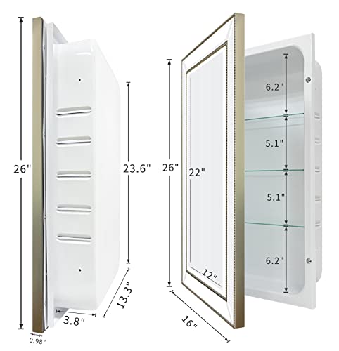 Fomayko Metro Beaded Retro Medicine Cabinet, Recess Mount 3 Adjustable Glass Shelves,Silver Frame, Installation Freedom With Door Swinging Left Or Right, 16" X 26" Bathroom Mirror Cabinet #TOP2