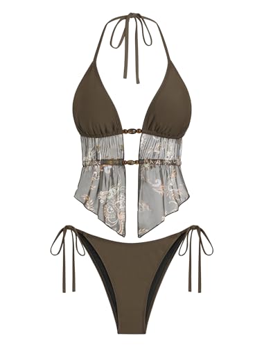 Image of ZAFUL Halter Swimsuits for Women Textured Backless 2 Piece Bathing Suits Cheeky High Cut String Tie Side Bikini Sets