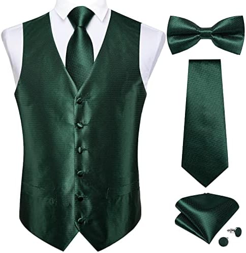 DiBanGu Hunter Green Vest and Tie Sets for Men Suit Vest Bow Tie Pocket Square Business Formal Dress Vest