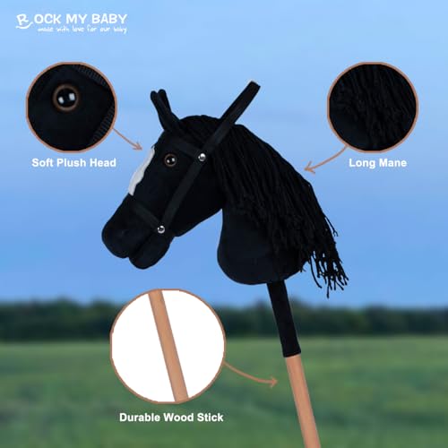 ROCK MY BABY Hobby Horse Plush Stuffed Stick Horse with Award Ribbon for Boys and Girls 3+ Fun Toys for Pretend Play (Black) CPC Certified