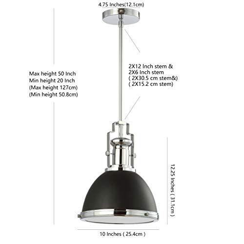 Image of JONATHAN Y Homer Industrial Dome Pendant 10 inch, Black /Chrome | 1-Light, Farmhouse Style, Adjustable Hanging Height, Glass Diffuser, Sloped Ceiling Compatible, Metal, LED Bulb Included