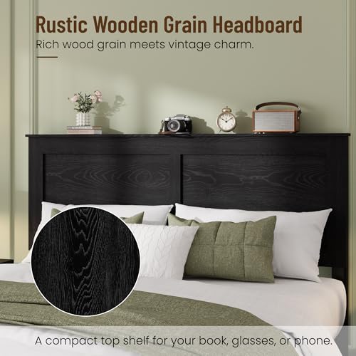 Image of Full Size Black Farmhouse Wood Bed Frame with Panel Headboard