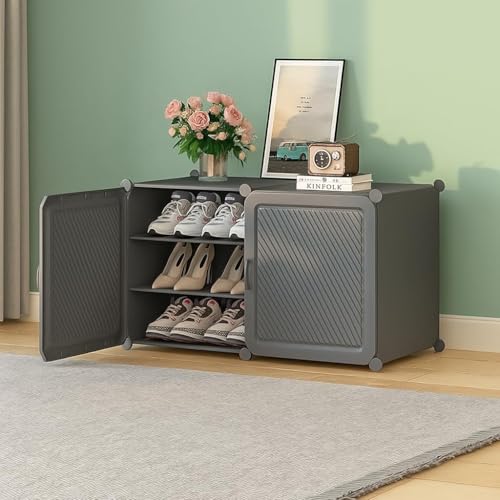 Image of Mevigo Plastic Shoe Rack for Home with Door | 6-Tier Stackable Shoe Organizer | Holds 12 Pairs | Waterproof & Dustproof | DIY Modular Shoe Cabinet | Chappal Slipper Stand for Bedroom, Entryway | Grey