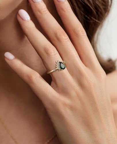 14K Gold Plated 1CT Engagement Rings for Women Pear Cut Green Created Emerald CZ Wedding Promise Rings for Her Size 5-104