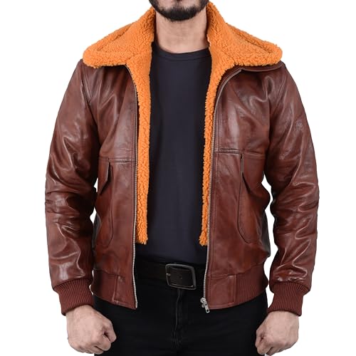 mens Genuine Brown Leather Jacket | Removable faux Fur Collar – Dual Side Pockets | Vintage Classic Biker Bomber Coat