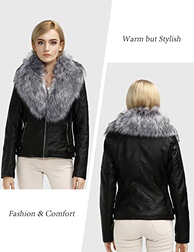 Giolshon Women Faux Leather Jacket Fall And Winter Clothes Warm Trendy Moto Bike Short Coat With Detachable Faux Fur Collar 9201 Blackgray M #TOP3