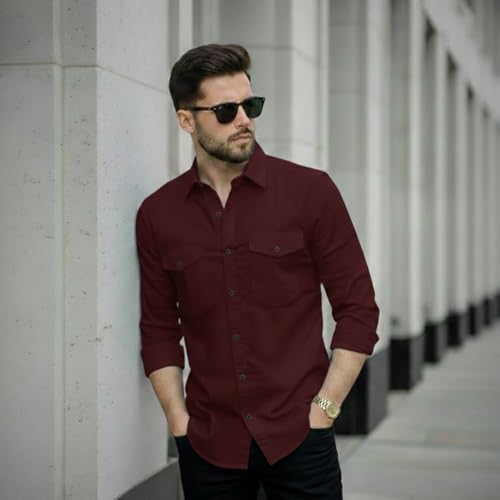Image of DEELMO Men's Classic Cotton Blend Slim Fit Shirt || Full Sleeve Button-Down Casual Shirt with Dual Flap Pockets || Soft Breathable Fabric || Ideal for Office Party and Everyday Wear