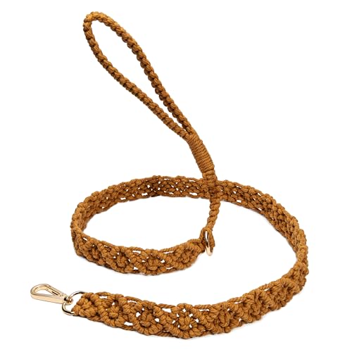 Handmade Macrame Caramel Dog Leash, Durable with Double Metal Hook for Collar and Waste Bags, Woven with Elegant Premium Cotton Rope for Small and Medium Dogs.