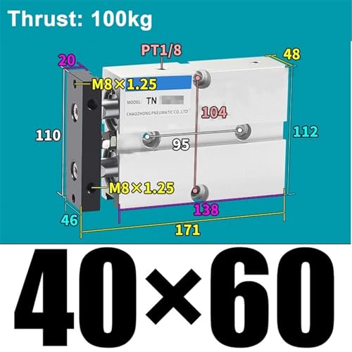 Vérin pneumatique TN40 résistant aux forces latérales avec double arbre de course 60mm - 3